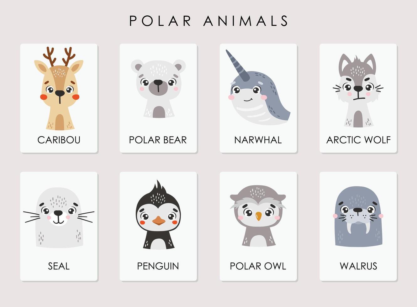 Cute animals set isolated, polar cards vector