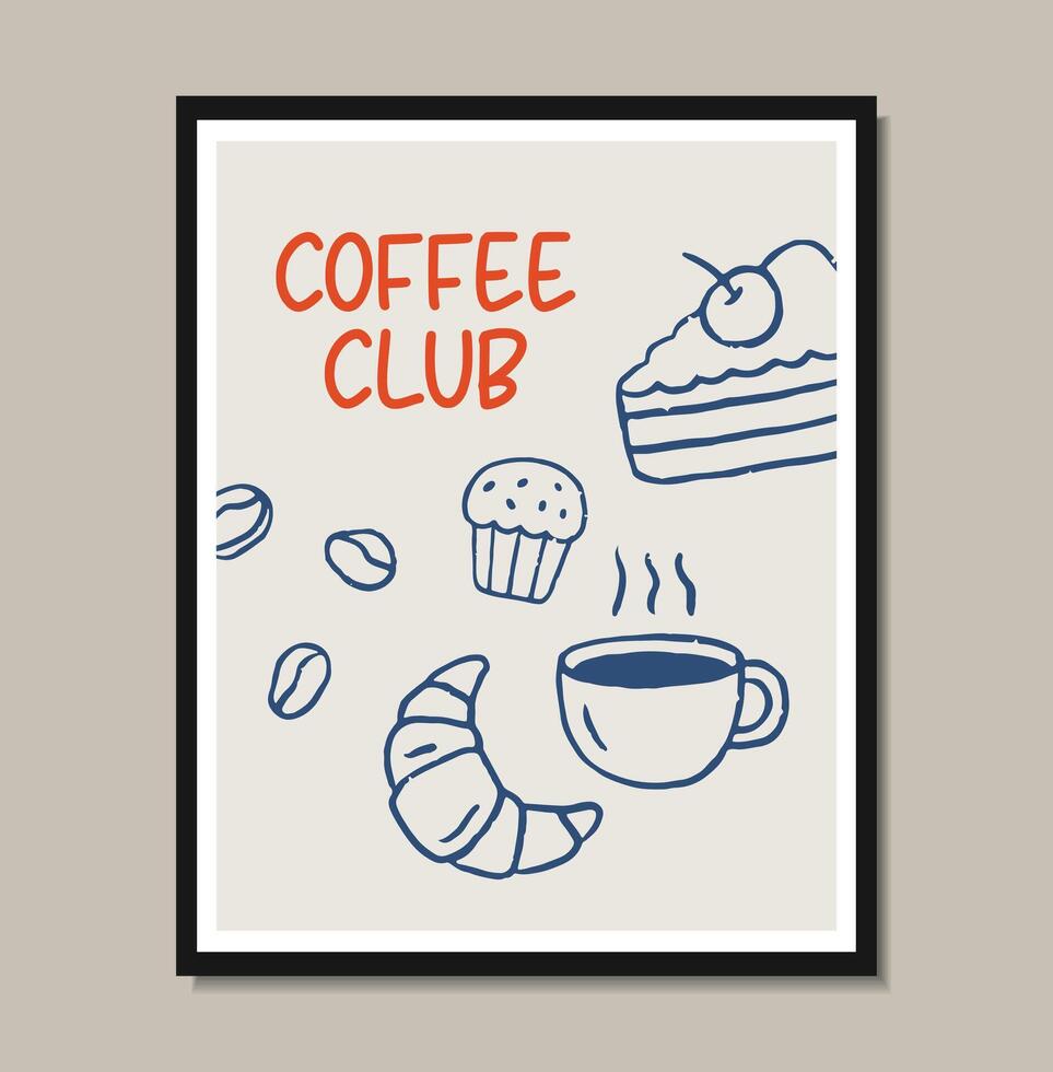 Breakfast doodles poster. illustration of croissant and coffee, crayon drawing vector