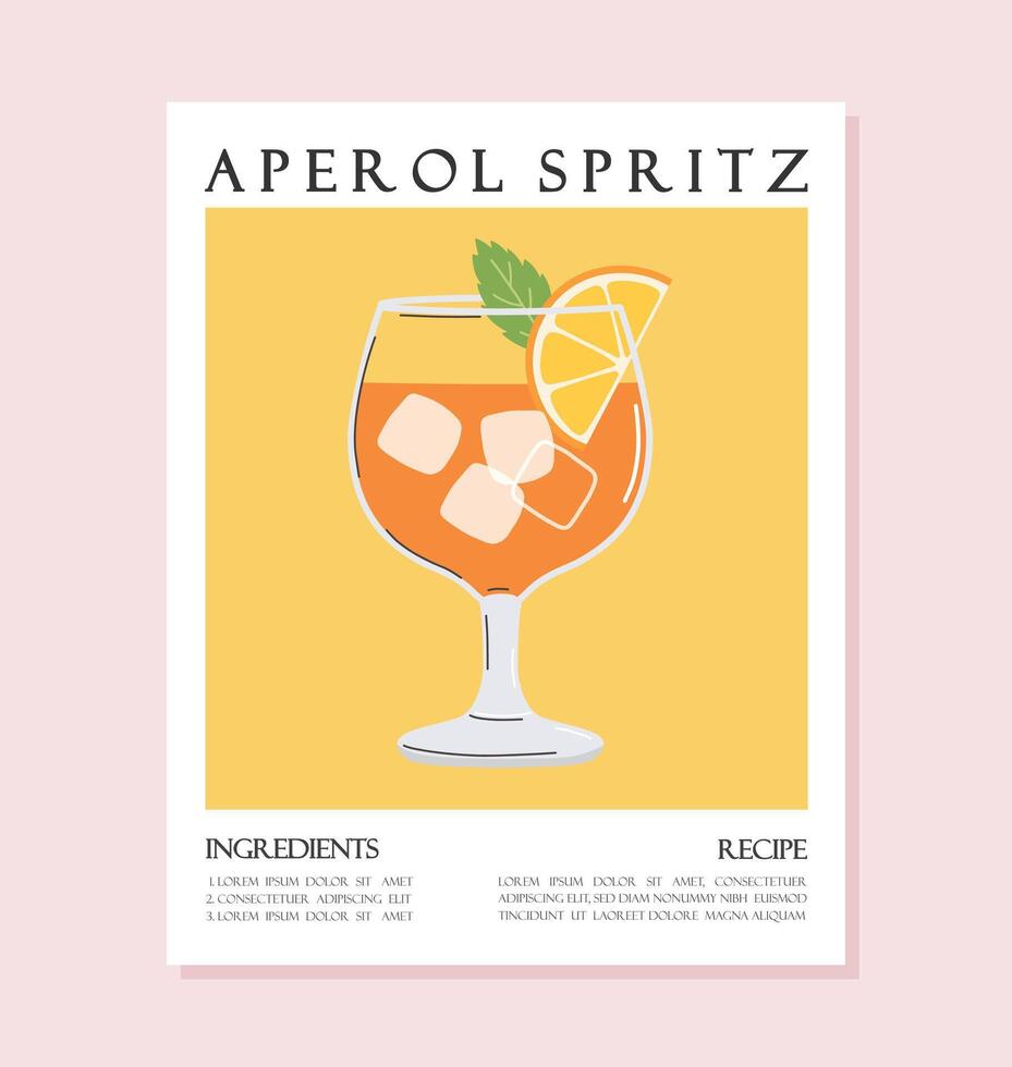 Summer drink poster cartoon flat. Aperol Spritz cocktail recipe concept wall art. Trendy print vector