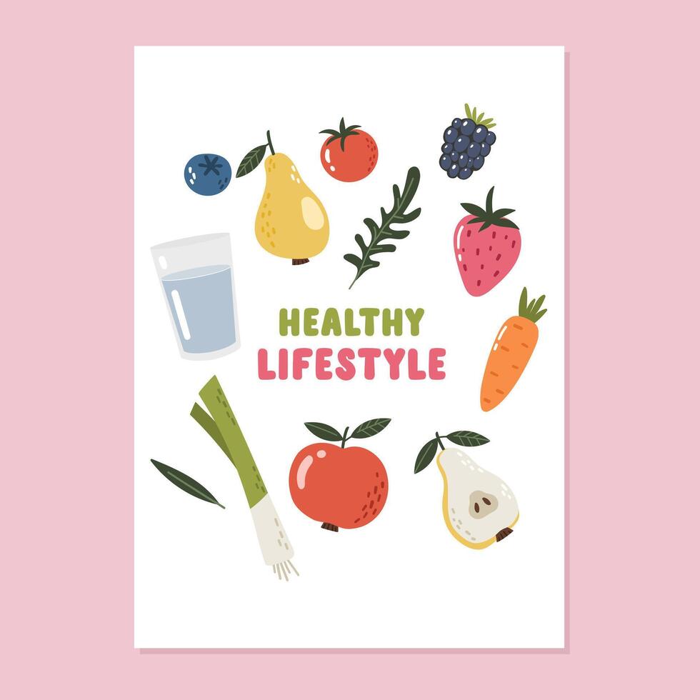 World Health Day Illustration, April 7th items, Card, fruits, vegetables, sport vector