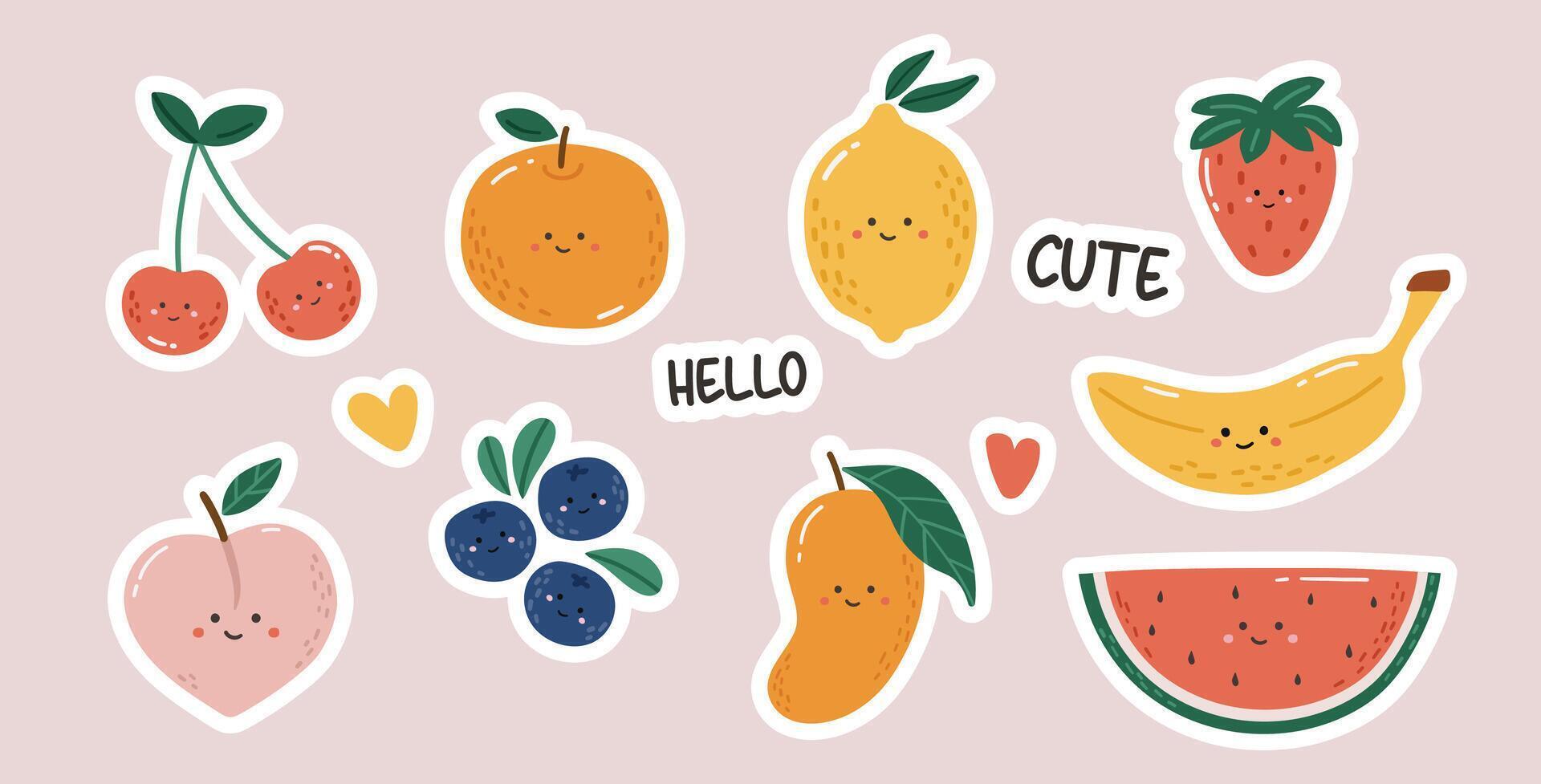 Doodle fruits set Illustration, kawaii, stickers vector
