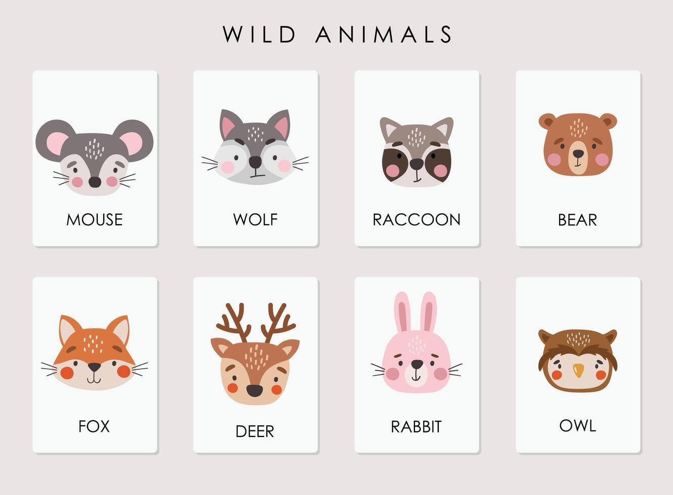 Wild animals set isolated, educational cards vector