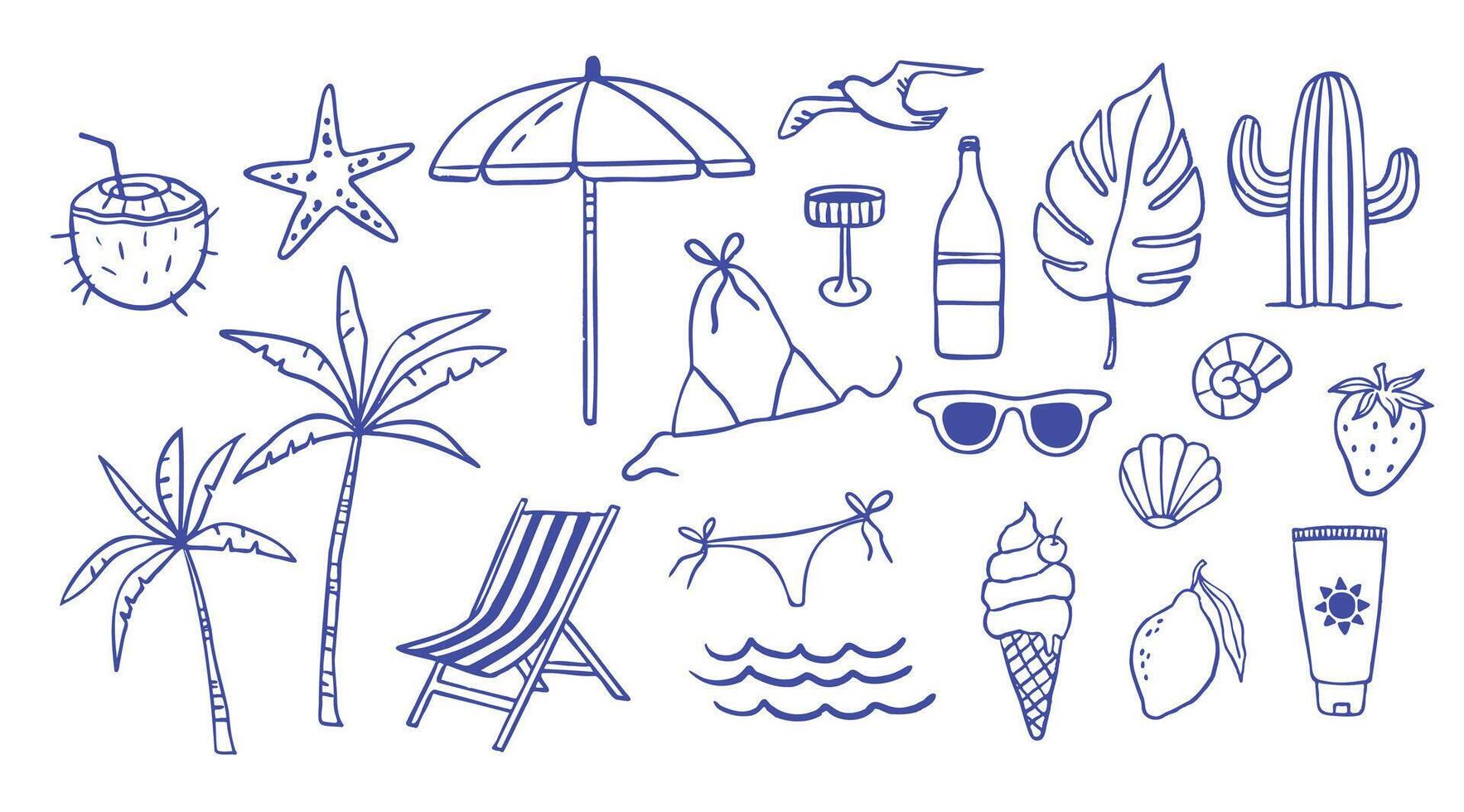 Hand draw summer collection. Palm, coconut, fruits. Crayon drawing style, Italian la dolce vita vector