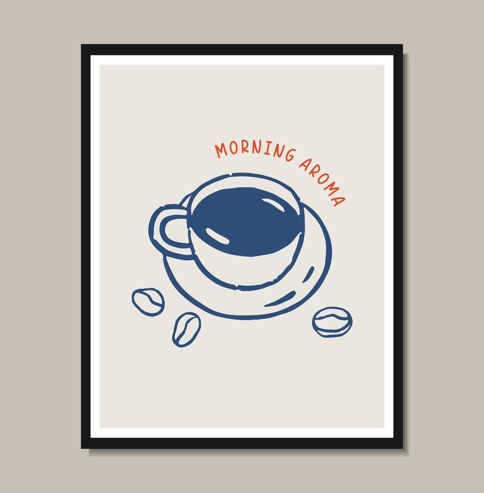 Breakfast doodles poster. illustration of coffee cup, crayon drawing style vector