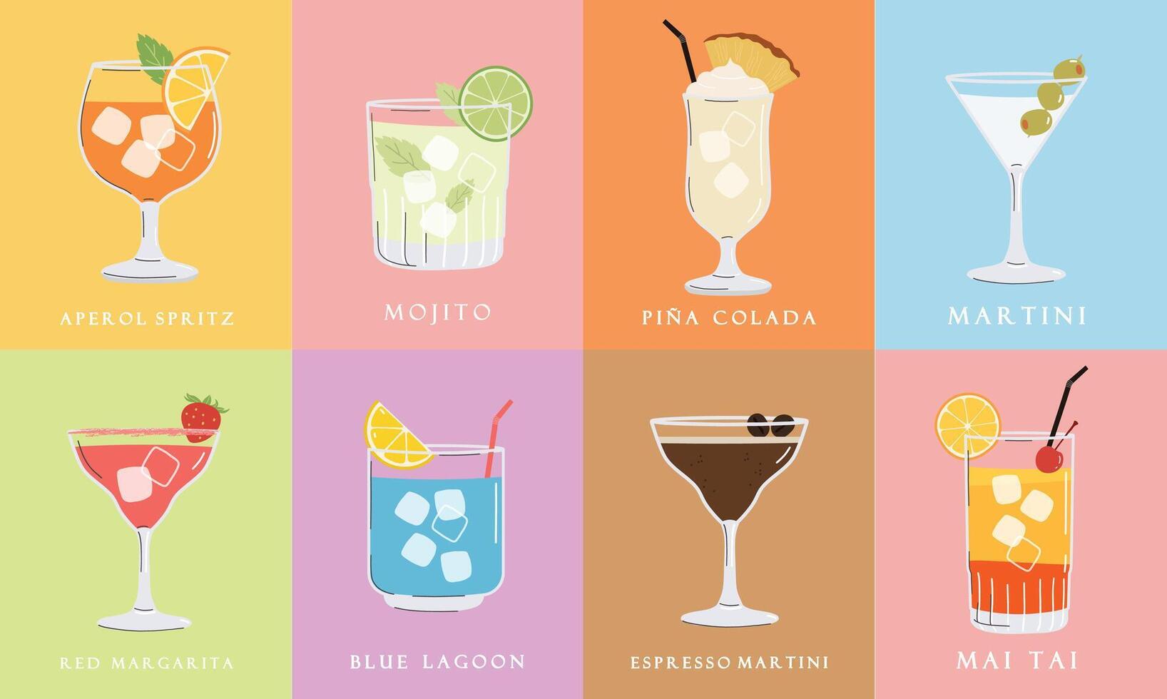 Summer cocktails set. Alcoholic drinks in different glasses. Cocktail menu illustration, posters vector