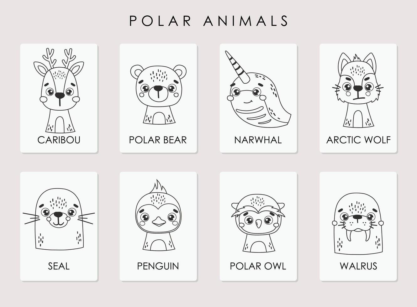 Polar animals set isolated, outline vector
