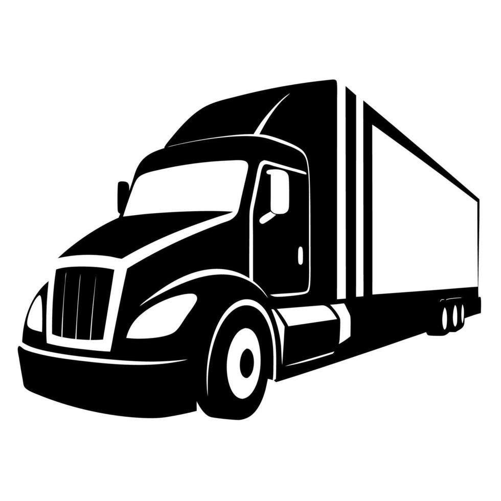 Black and white illustration of a modern cargo truck with a large trailer vector