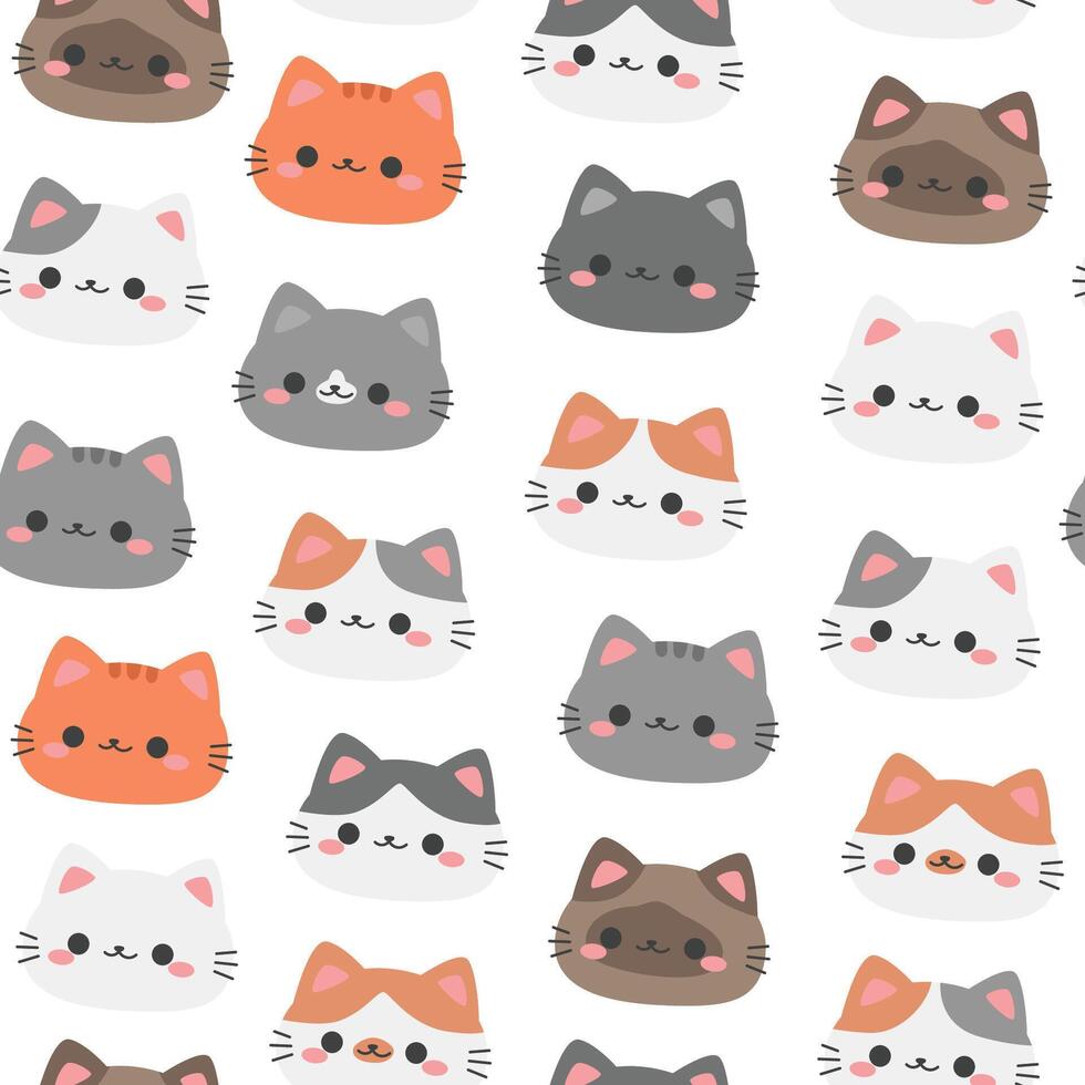 Cute cat heads cartoon on white background seamless pattern vector