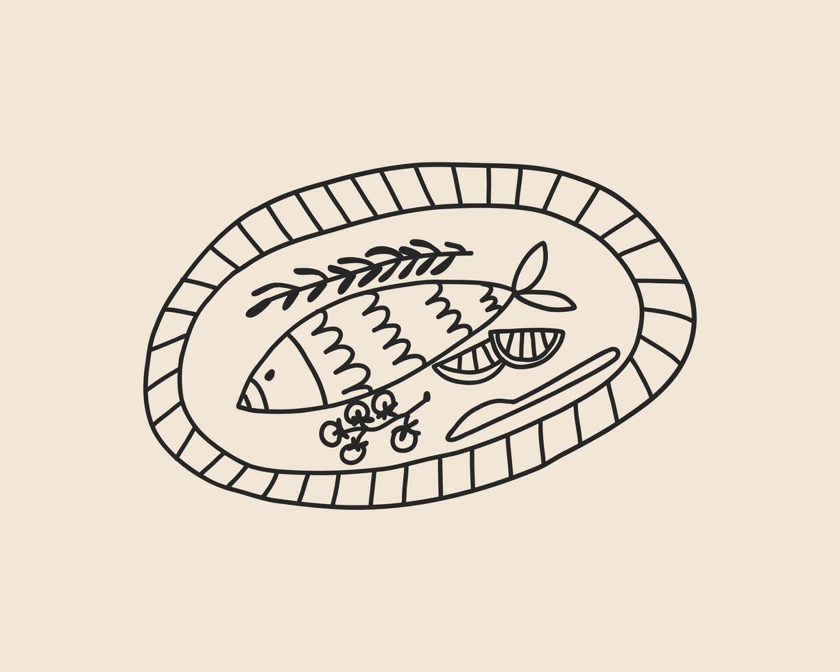 Line art food plate with fish isolated. Coquette whimsical hand drawn doodle sketch lunch plate outline illustration vector