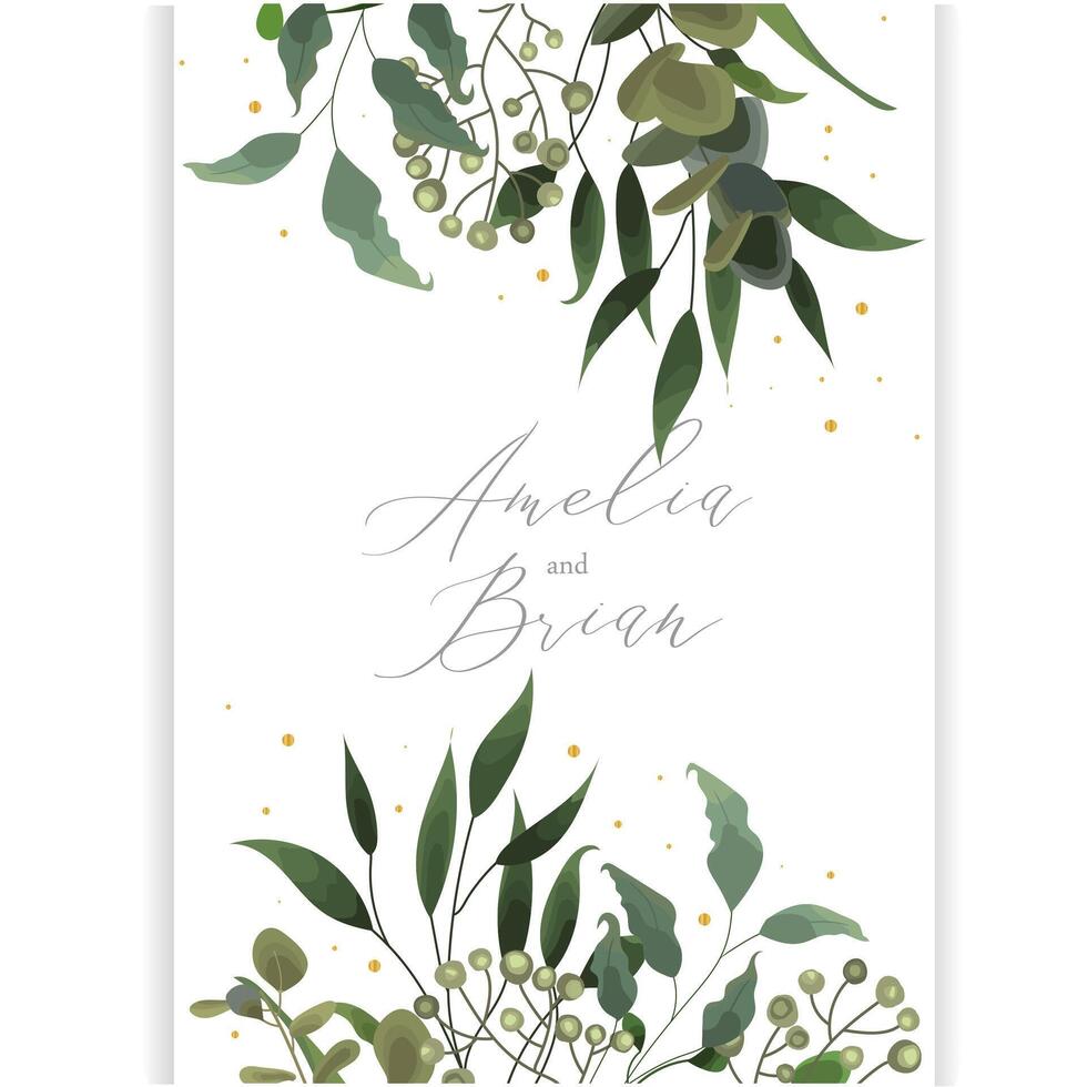 Wedding invitation card with eucalyptus leaf vertical banner save the date vector