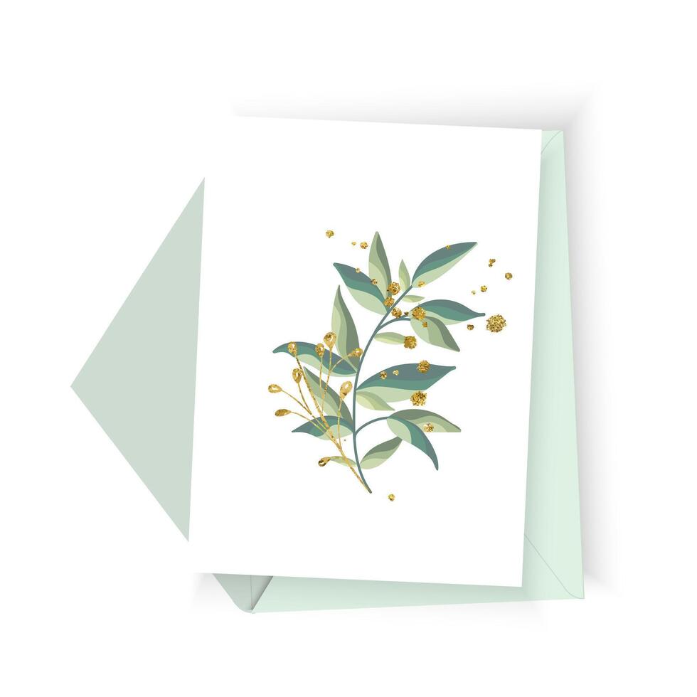 Wedding floral green leaves gold invitation card envelope save the date vector
