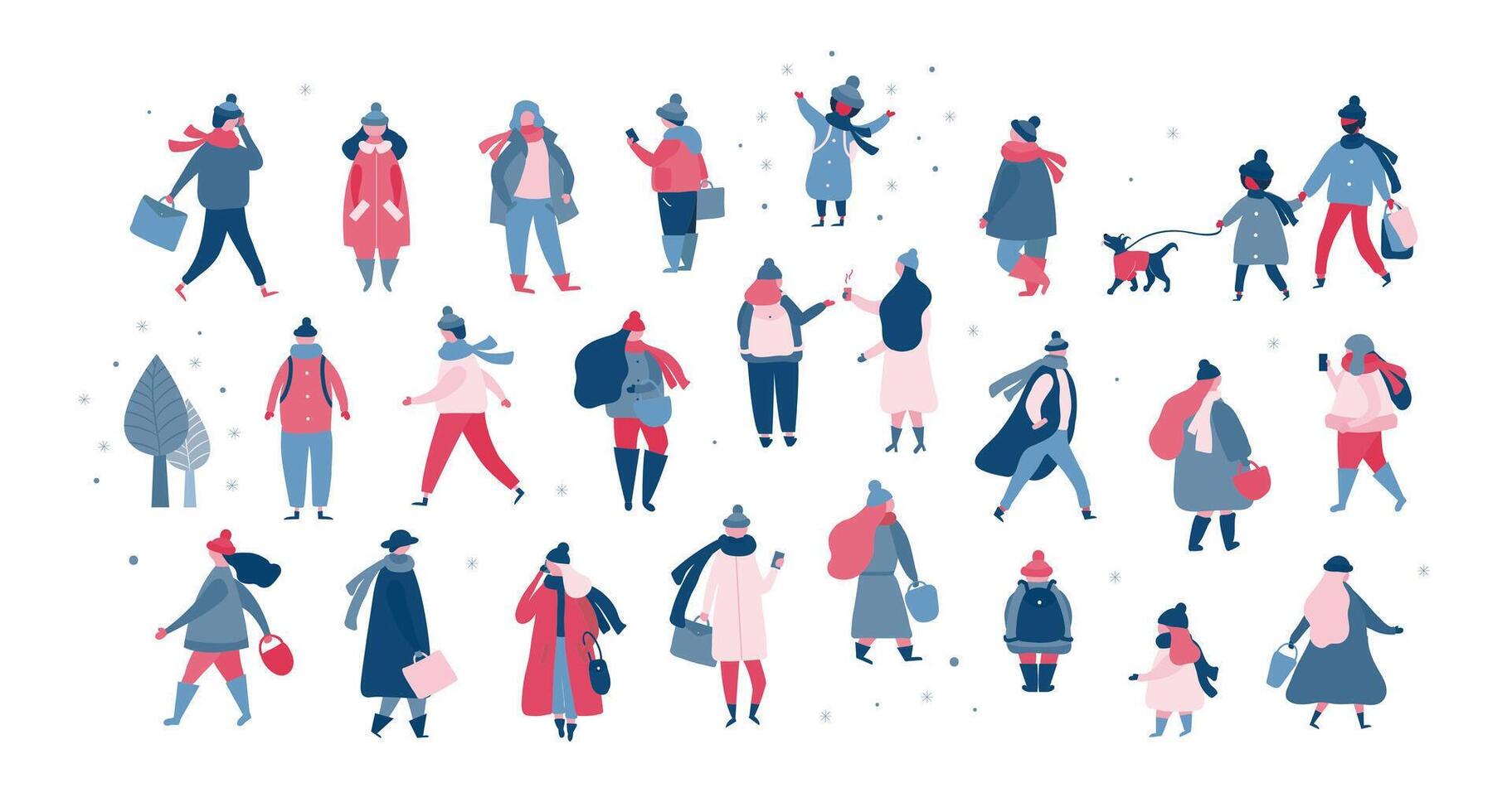 Crowd of people in warm winter clothes walking on street, going to work, talking on phone vector