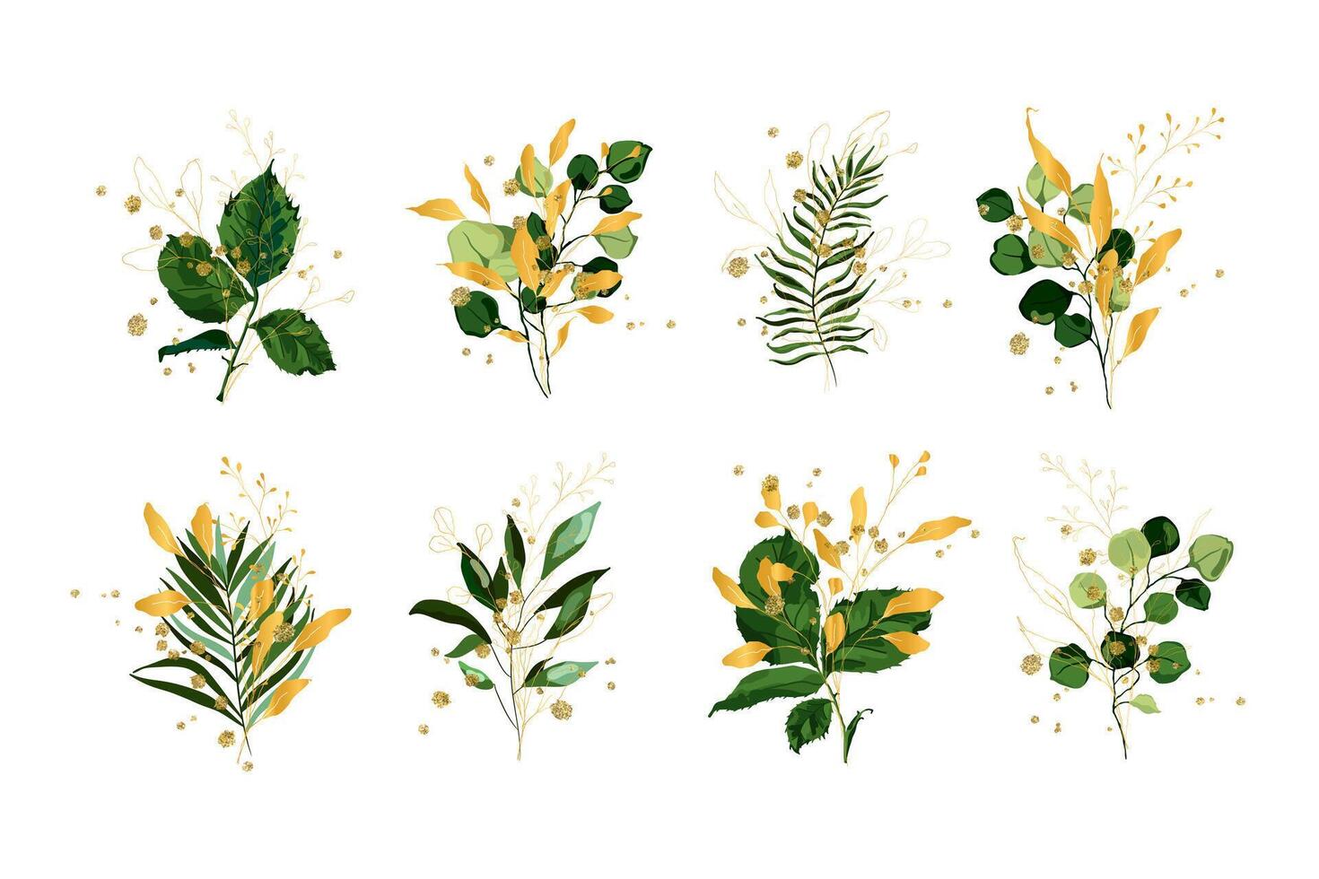 Golden green tropical leaves wedding bouquet with golden splatters isolated illustration vector