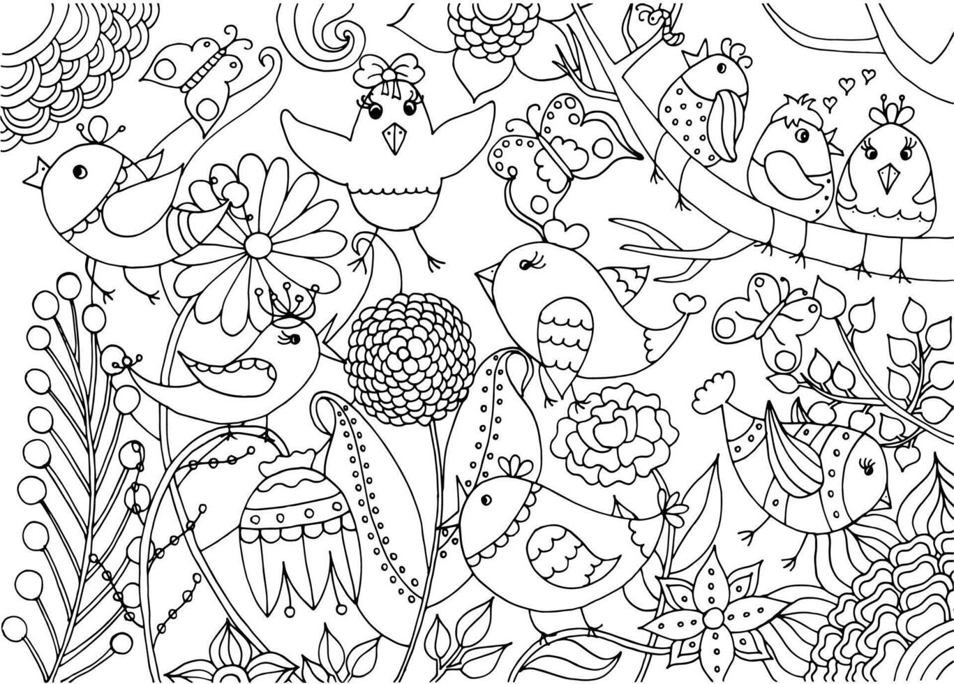 Birds and flowers coloring page on outline line art style vector