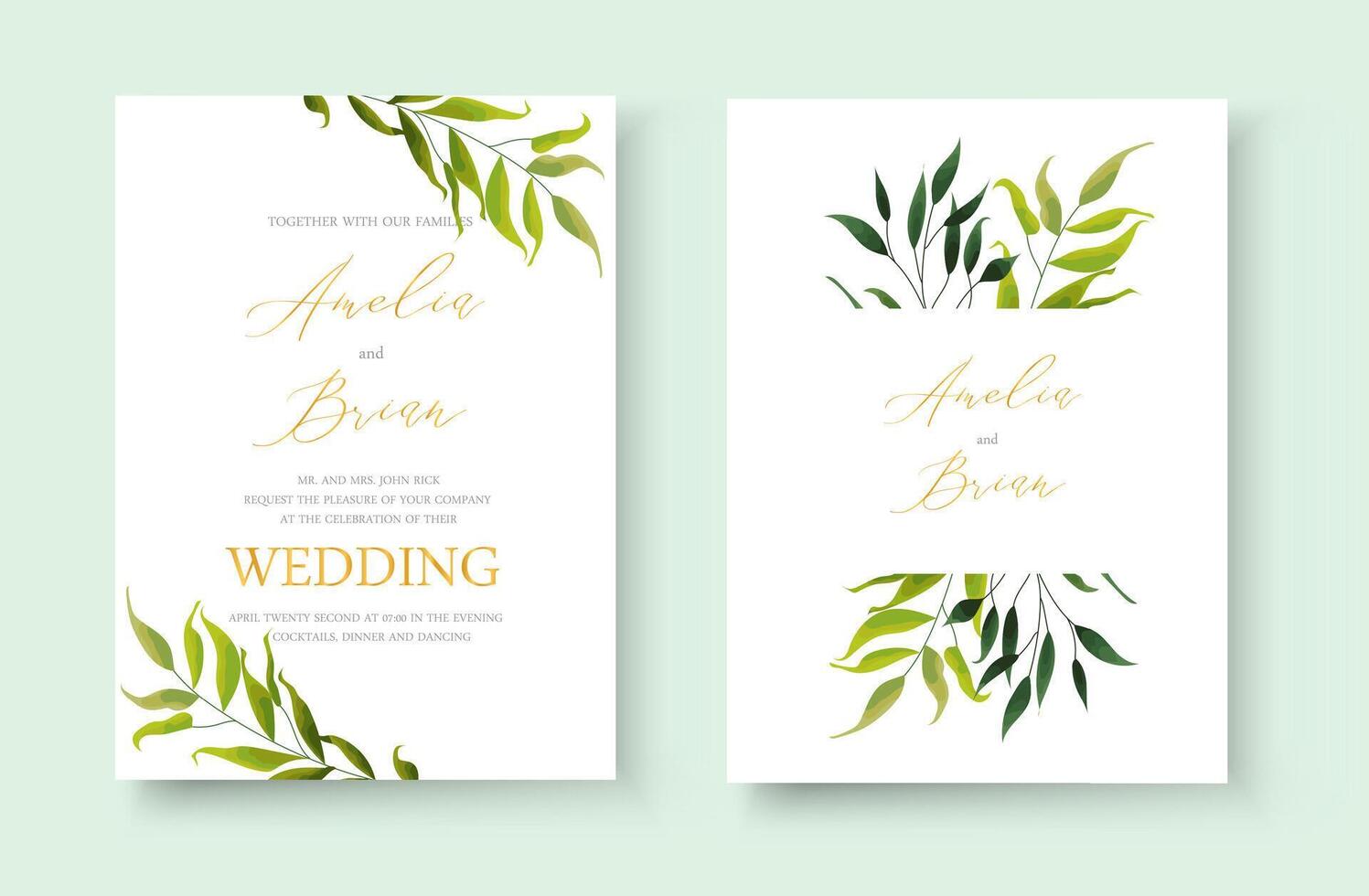 Wedding greenery leaves golden invitation card save the date design vector