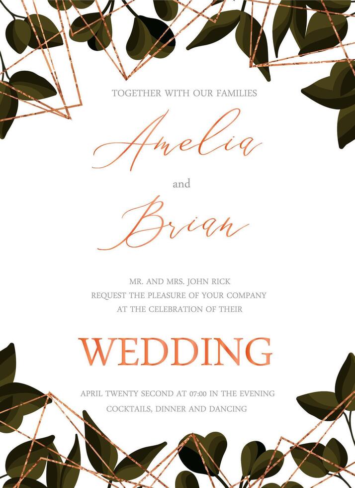 Wedding floral greenery golden invitation card save the date design vector