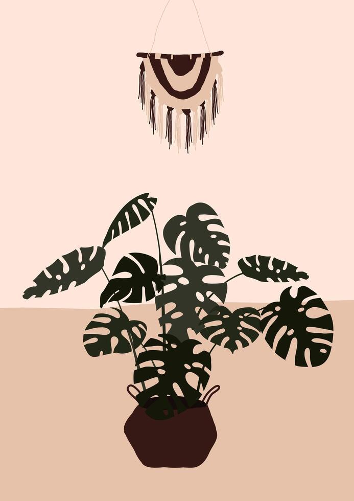 Abstract modern pot with monstera plant on light background vector