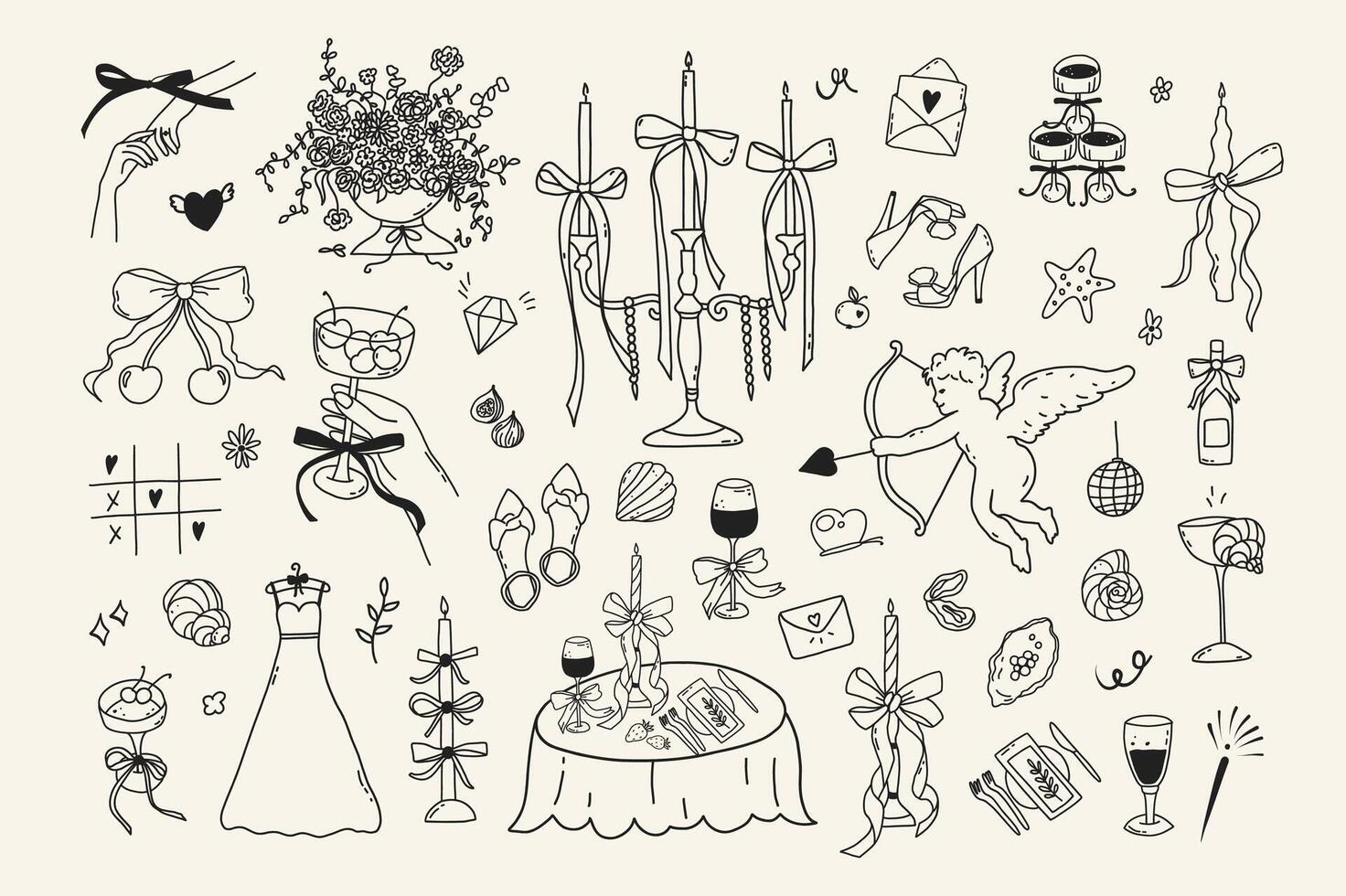 Set of line art wedding icon isolated. Whimsical coquette trendy hand drawn valentine doodle sketch. Vintage amore angel quirky bow, party menu card outline illustration vector