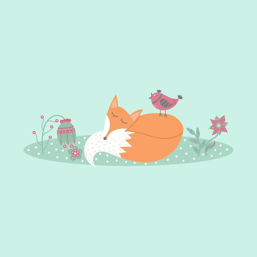 Cute fox lies on lawn in forest with bird and flowers in cartoon style vector