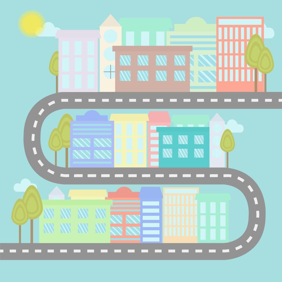 Road with houses and trees in flat style vector