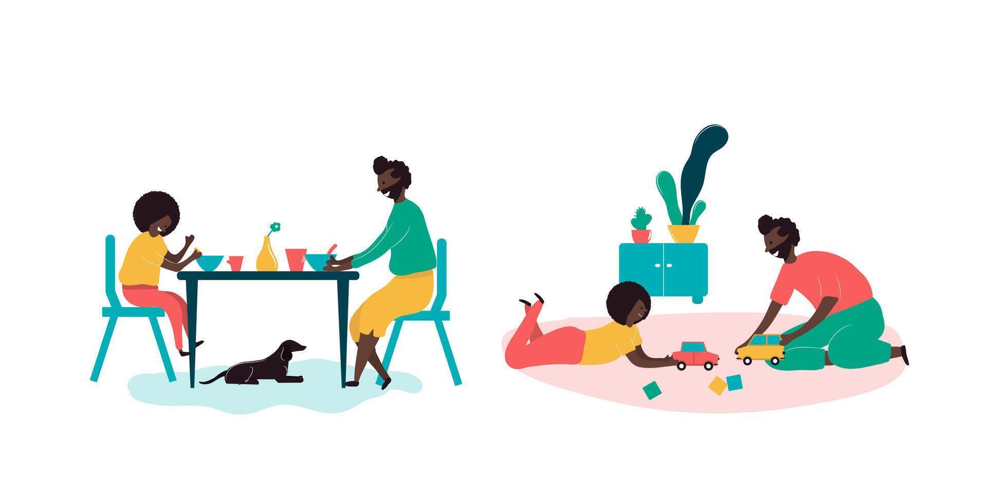 Single black father and son african americans spending time together eating breakfast vector