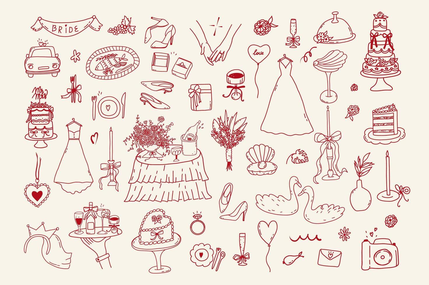 Set of line art doodle wedding icon isolated. Whimsical coquette trendy hand drawn valentine sketch. Vintage amore angel quirky bow, party menu, dinner card outline illustration vector