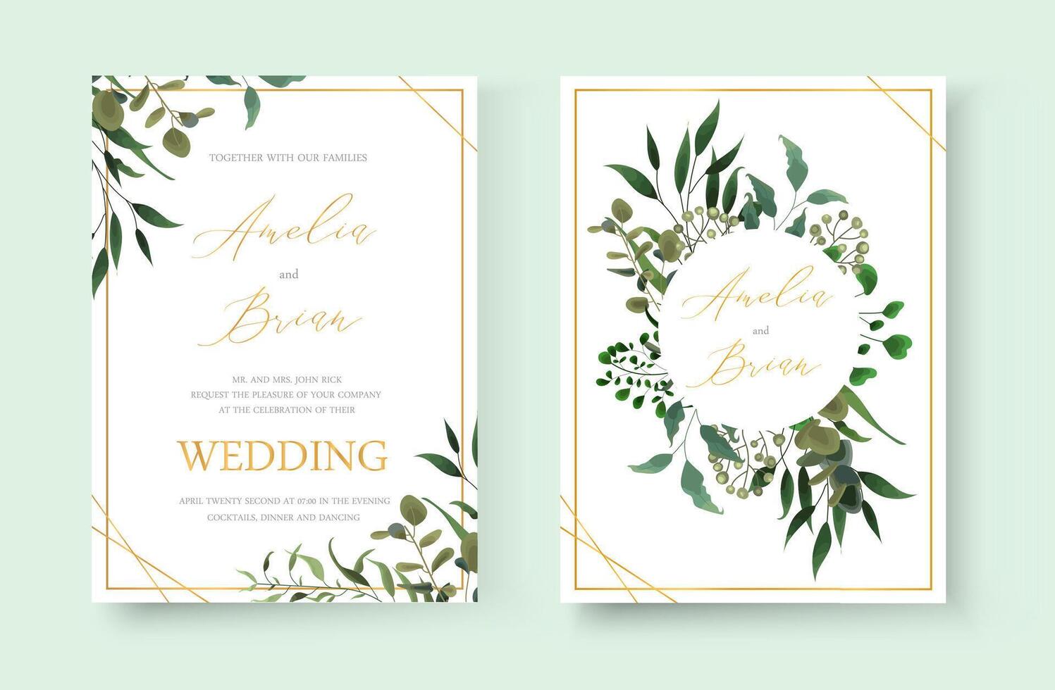 Wedding floral gold invitation card save the date design with green tropical leaf vector