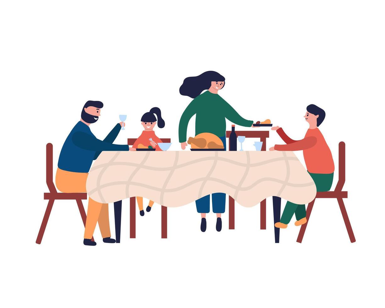 Happy family sitting at dinner table and eating turkey vector