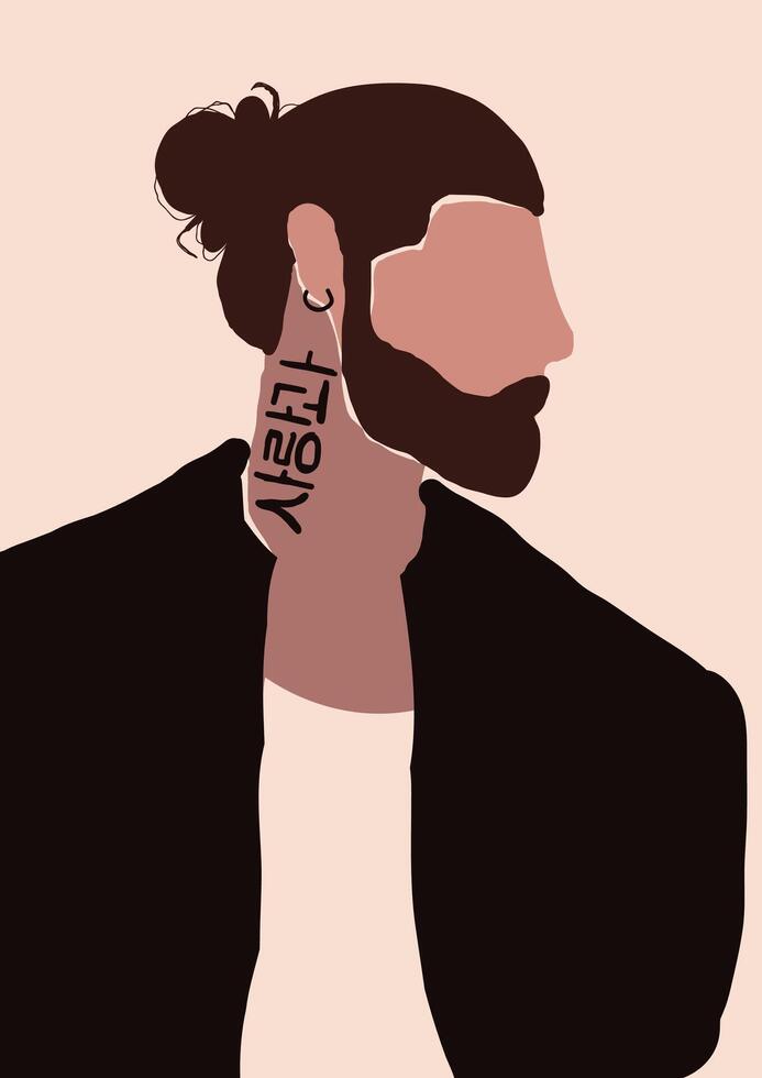 Abstract modern brutal bearded man with tattoo on neck portrait silhouette vector