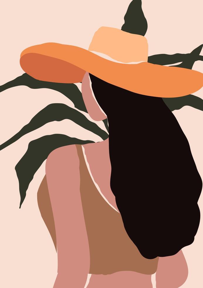 Abstract modern young woman with hat portrait silhouette illustration print vector