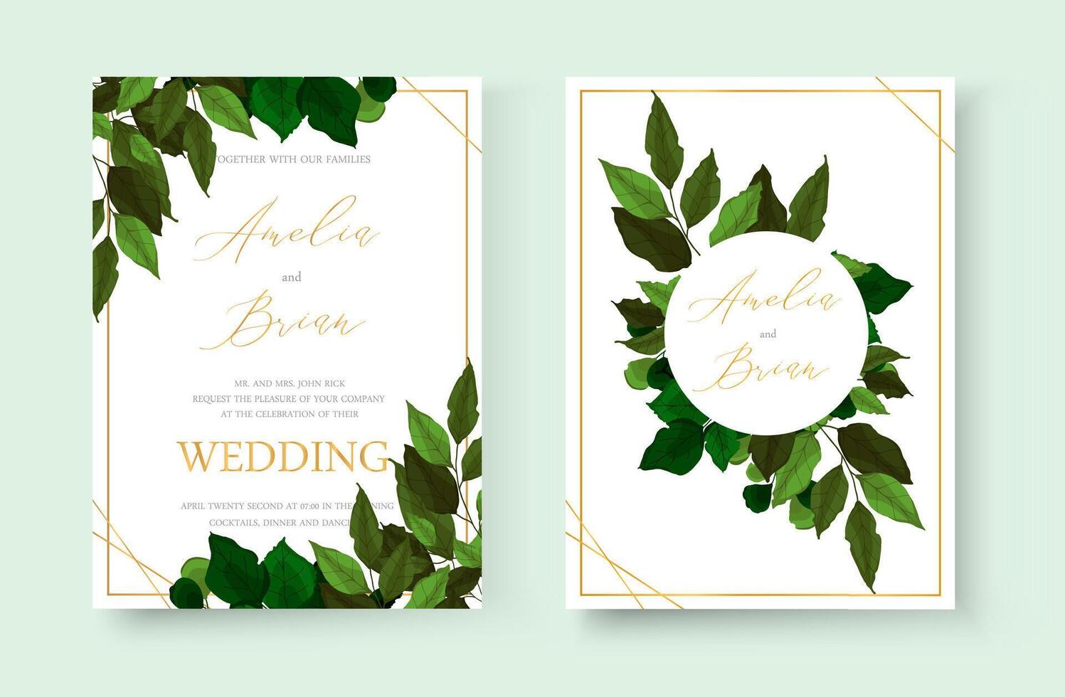 Wedding floral gold invite card save the date design with green tropical leaf vector