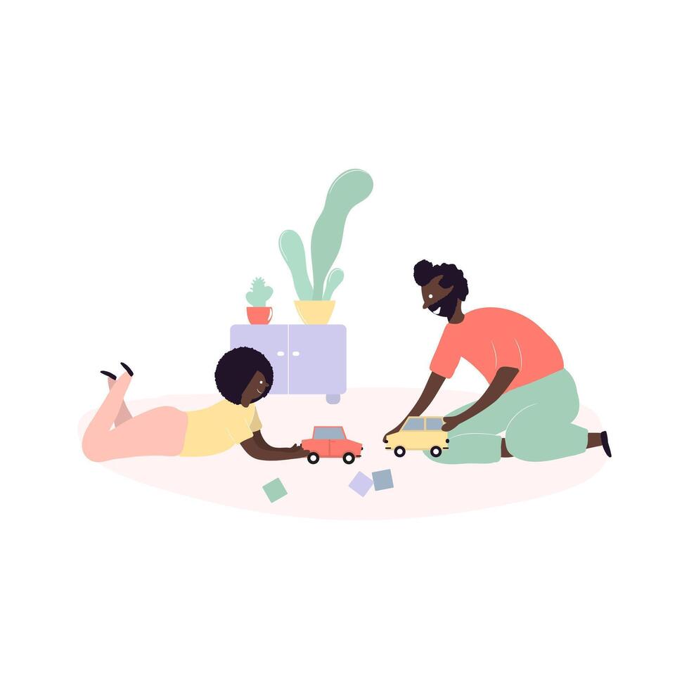 Single black father and son african americans playing toys cars vector