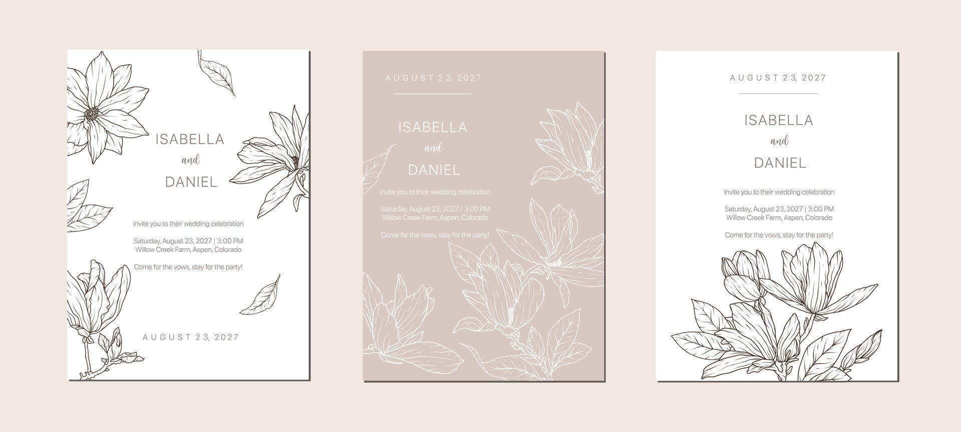 Set of magnolia flower line art wedding card design. Spring frame poster background template. Blossom hand drawn floral birthday party abstract decoration invitation illustration vector