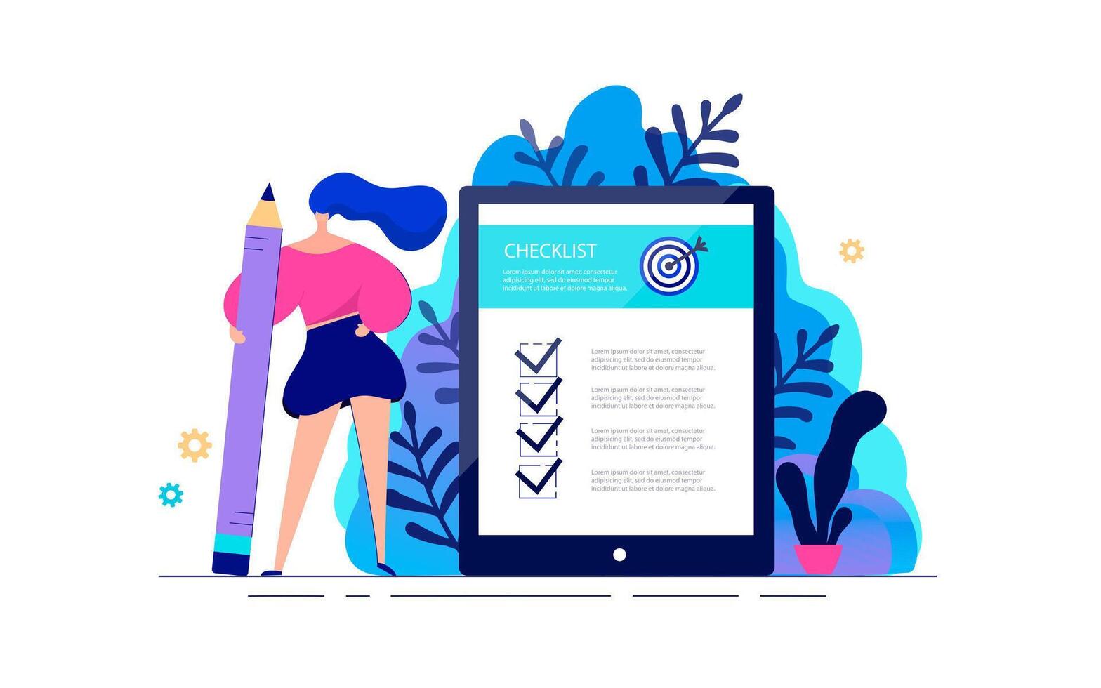 Business woman standing with giant pencil in hand near to checklist on tablet vector