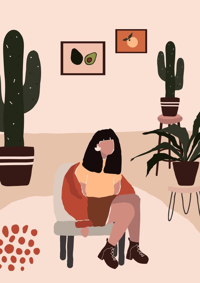 Abstract modern woman in fashion trendy clothes sitting on chair in room with cactus pot vector