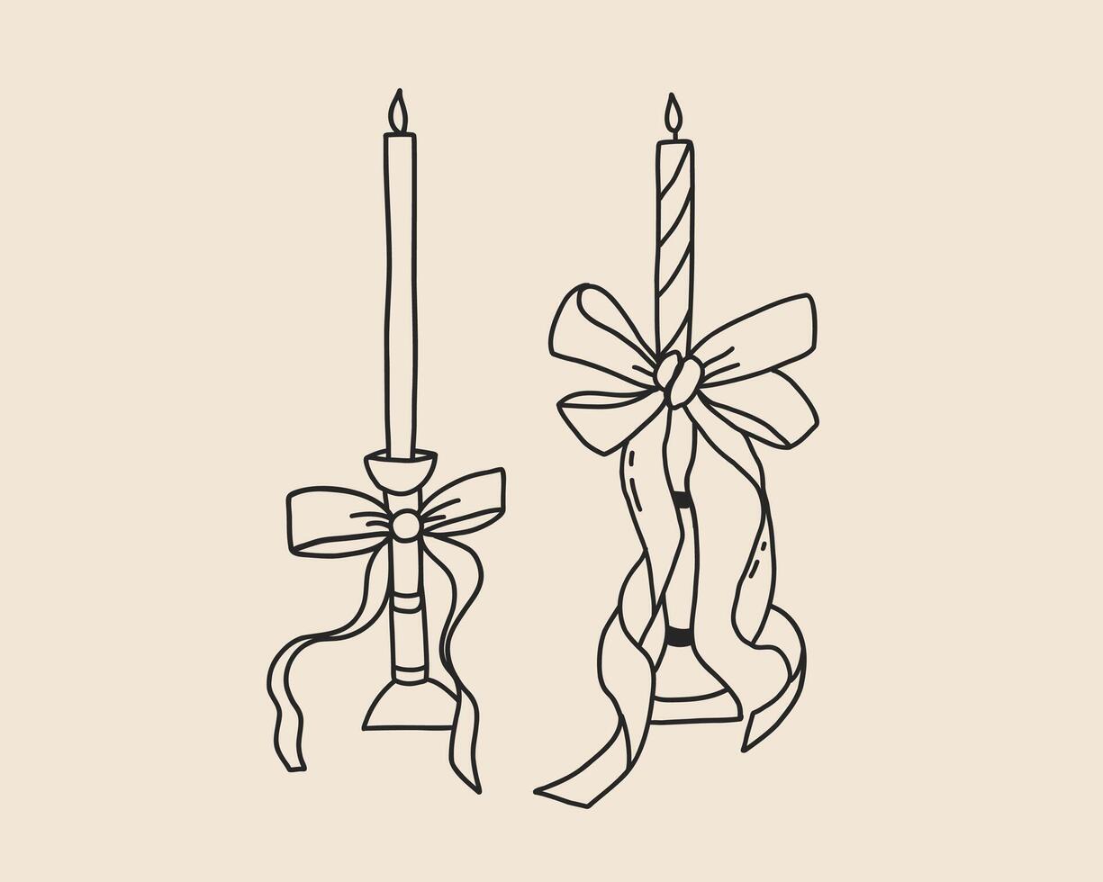 Hand drawn coquette candle with whimsy bow. Line art doodle sketch for Christmas, wedding design template outline illustration vector