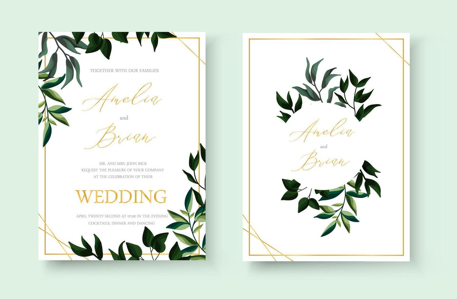 Wedding greenery leaves template golden invitation card save the date design vector