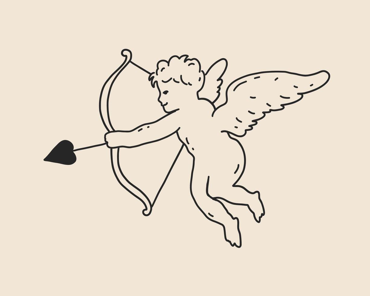 Line art cupid with arrow and bow isolated. Whimsy hand drawn baby angel. Valentine love doodle vintage cherub sketch outline illustration vector