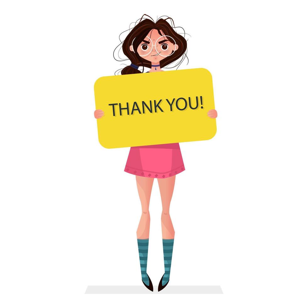 Cute brunette woman girl holding blank board banner thank you in hands vector
