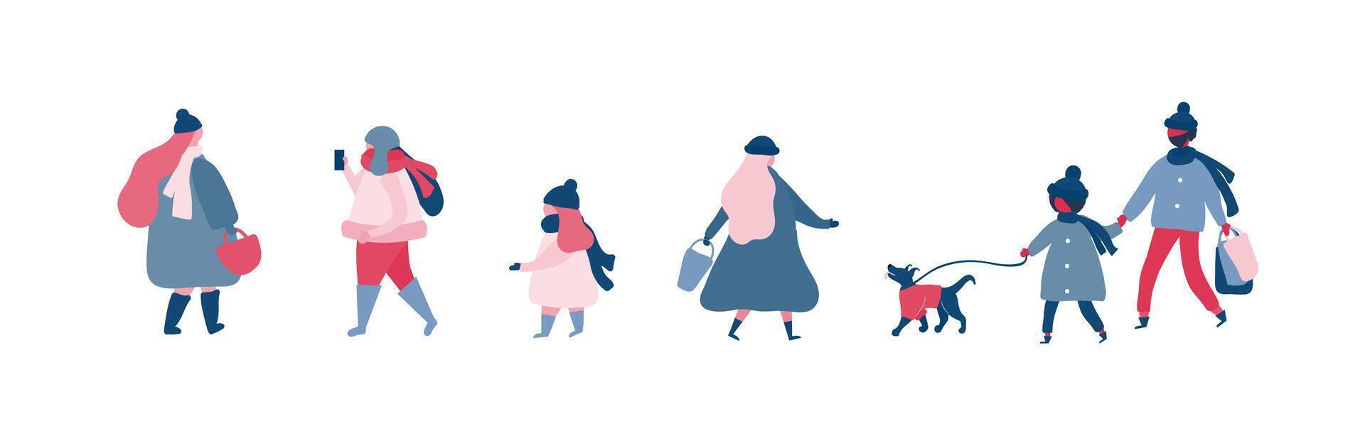 People in warm winter clothes walking on street with dog, going to work, talking on phone vector