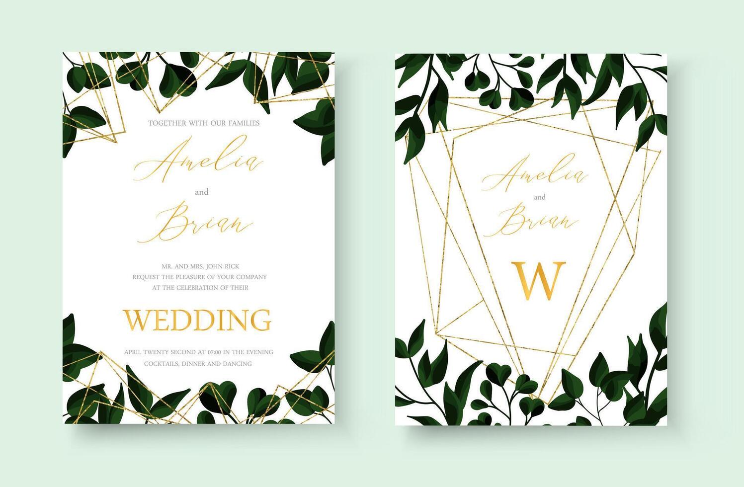 Wedding floral with greenery leaves golden invitation card save the date design vector
