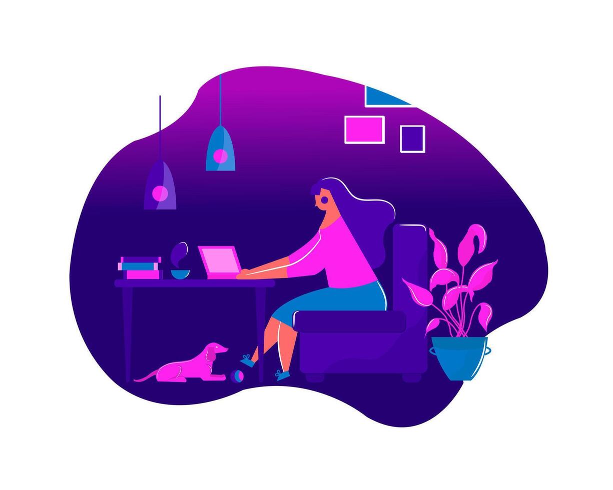 Girl office worker sitting in armchair working on laptop at table freelance work at home vector