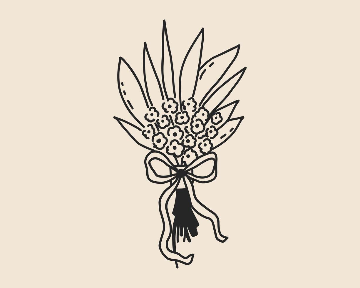 Line art flower wedding bouquet isolated on background. Floral leaf plant sketch. Hand drawn spring bouquet outline illustration vector