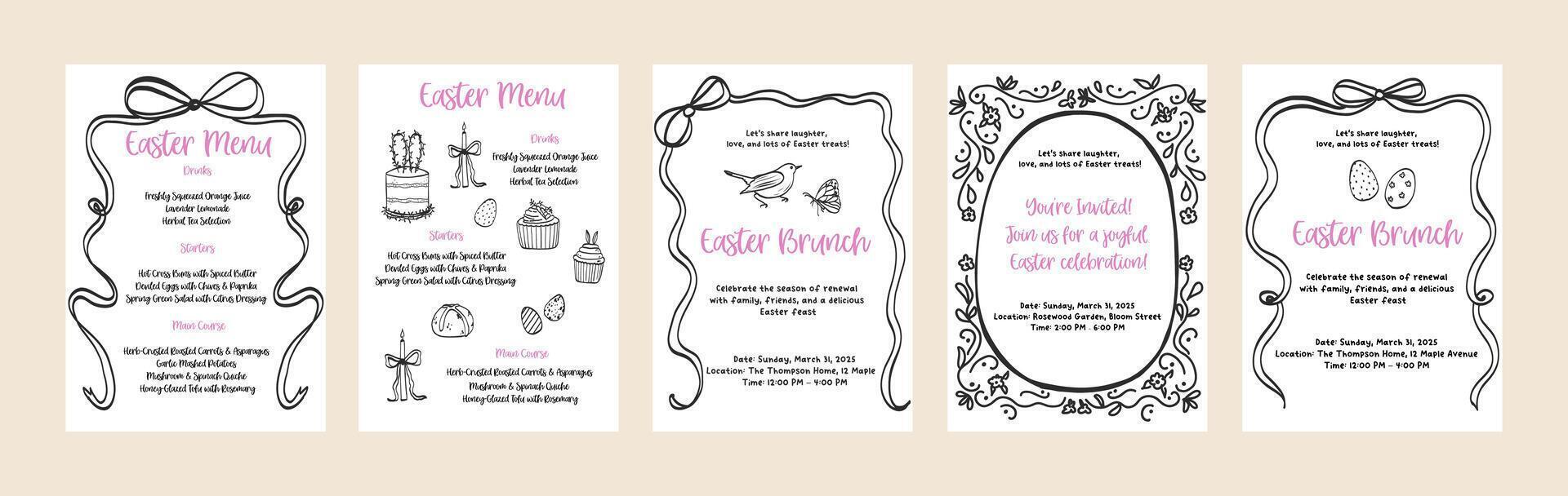 Set of happy Easter card background hand drawn line art. Spring design doodle outline graphic. Coquette whimsical greeting cards outline illustration vector