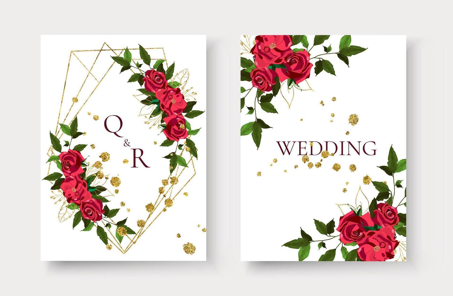 Wedding invitation card with floral golden geometric triangular frame vector