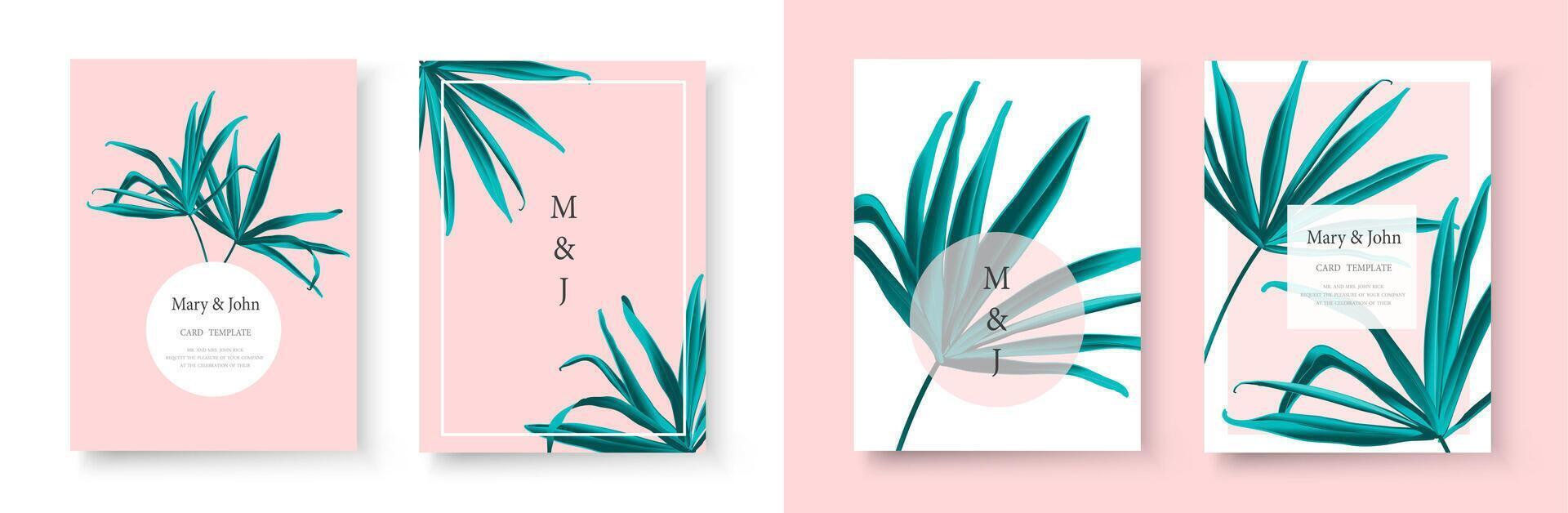 Wedding tropical invitation card save the date design template with green fan palm leaf vector