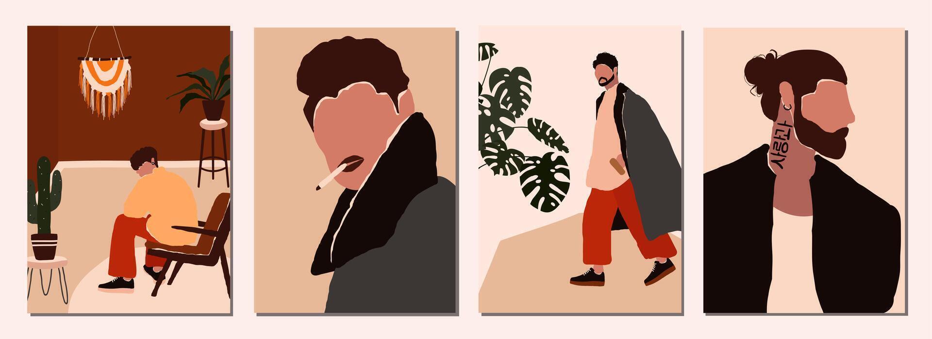 Set of abstract modern man people faces portraits artistic poster background templates vector