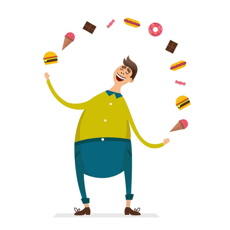 Happy fat young man funny cartoon character with junk food vector