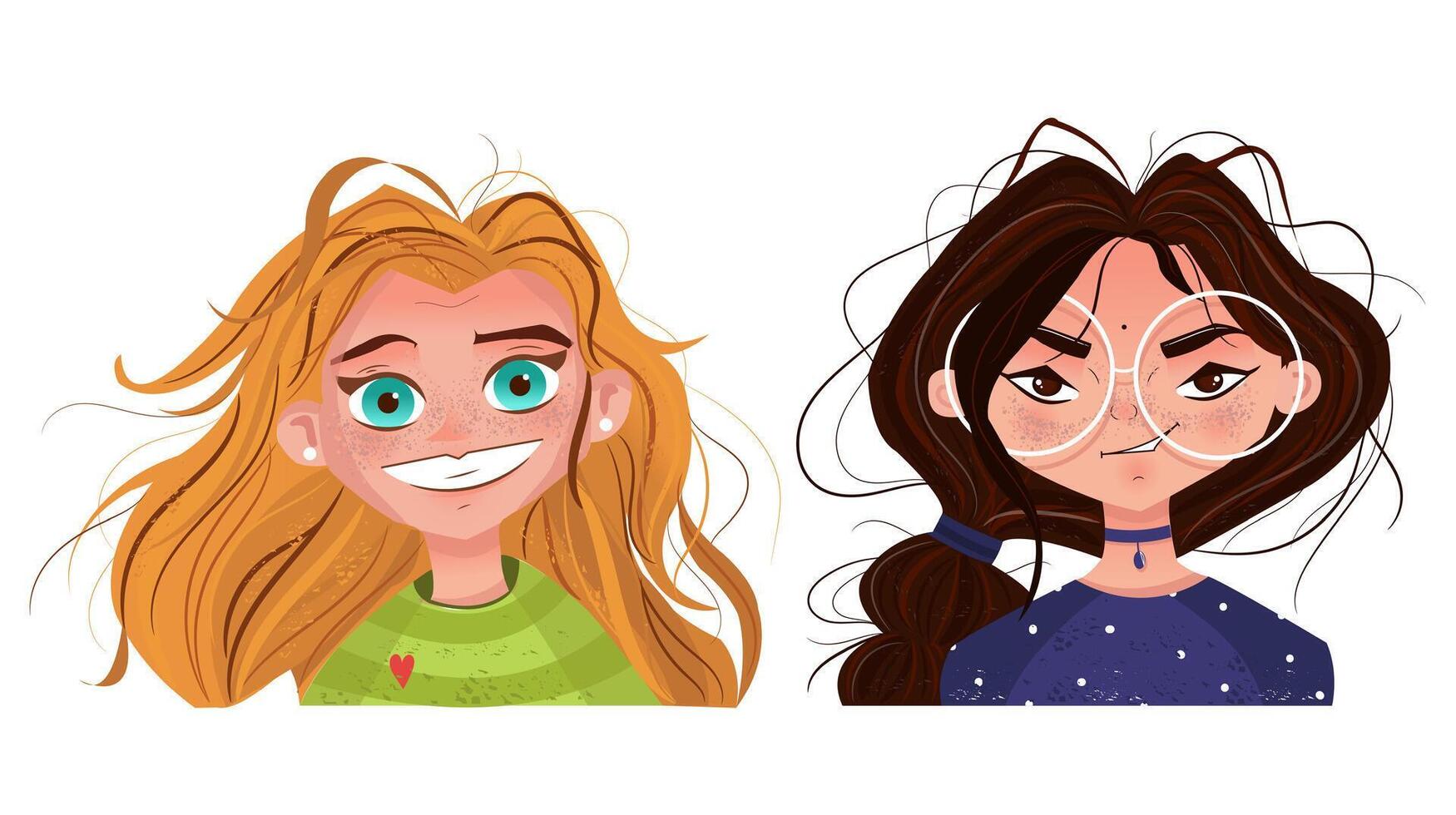 Character emotions avatar cute girl with red hair and brunette in glasses vector