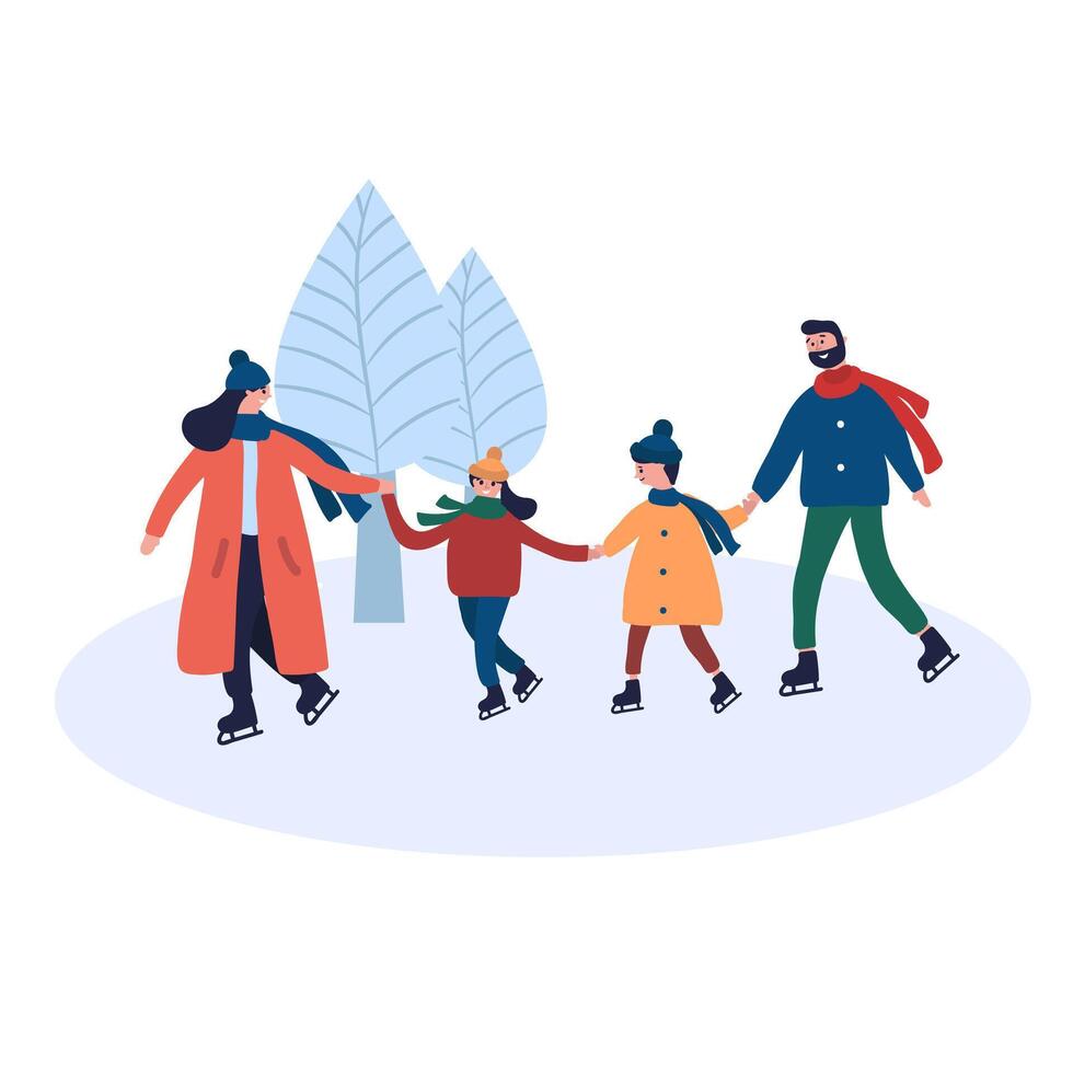 Happy family ice skating in winter park outdoor activity vector